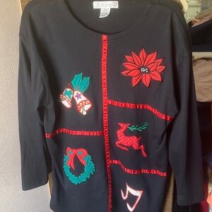 FINAL MARKDOWN Black top with Red and Green Holiday Motifs large